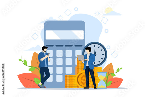 Concept of financial management, optimization, tasks, financial accounting. Humans rely on calculators. Financial administration. Vector illustration in flat design for UI, banner, mobile app.