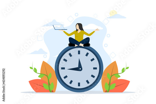 concept of flexible working hours, work life balance or focus and time management while working from home, young woman working on laptop while doing yoga or meditation in front of clock. illustration.