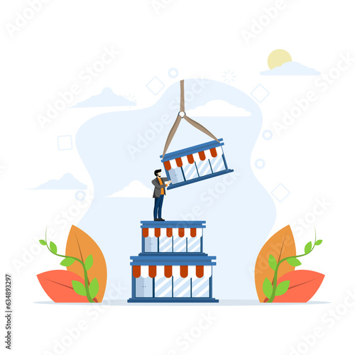 concept of building a business, expanding or growing a company empire, organizational growth or ambition and efforts to increase sales, ambitious entrepreneur builds shop on top of a pile of companies