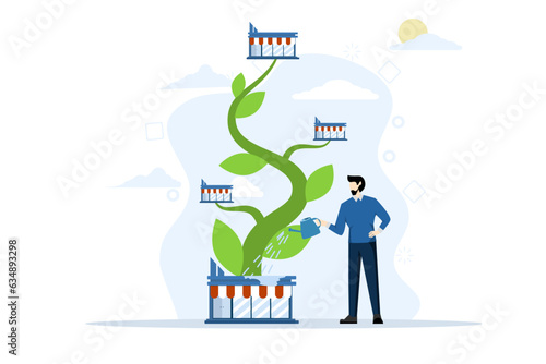 concept of growing business or expanding shop, businessman to start business building company, growing or expanding business, businessman company watering shop planting plants with new blooming shop.
