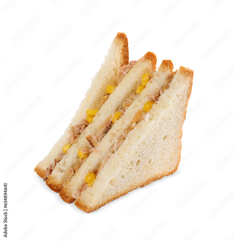 Delicious sandwich with tuna and corn on white background Delicious sandwich with tuna and corn on white background