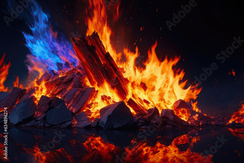 Angry bonfire burning with blue and yellow flames. Generative AI