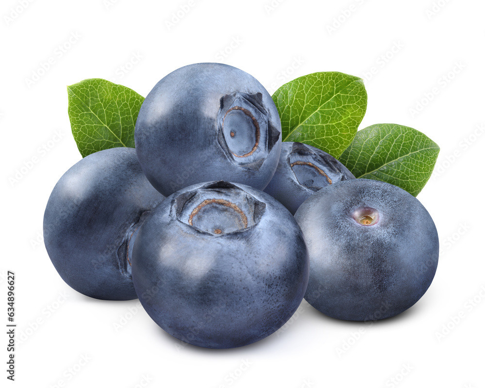 Fresh ripe blueberries with green leaves isolated on white Fresh ripe blueberries with green leaves isolated on white