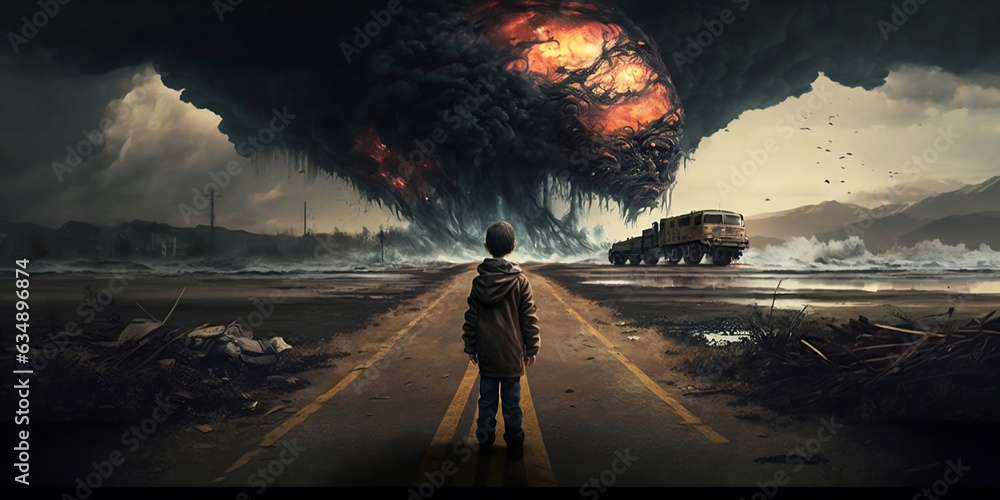 Boy looks towards the horizon with his back and sees an apocalyptic ...
