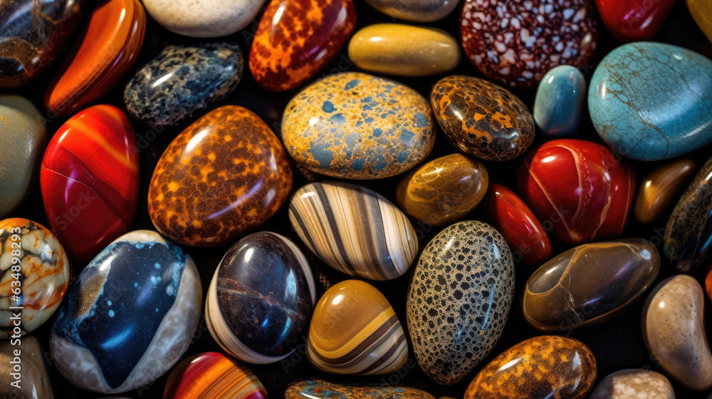 A collection of different colored stones arranged in an artistic pattern A collection of different colored stones arranged in an artistic pattern