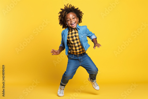 Obraz na płótnie African kid having fun on yellow studio background, cute boy dancing, generative AI. w salonie