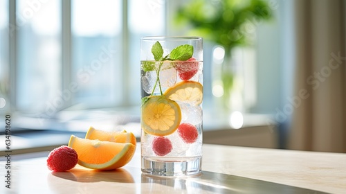 Glass of fresh fruit-infused water in a modern kitchen