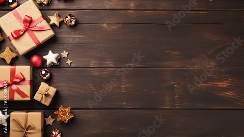 Presents on a rustic wooden background