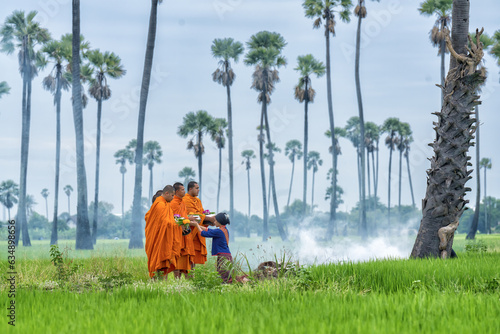 Slika na platnu Buddhist monks going about with alms bowl to receive food from villager in morni