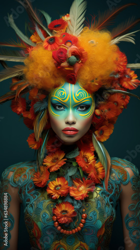 Model carnival haute couture feathers and flower © Brad