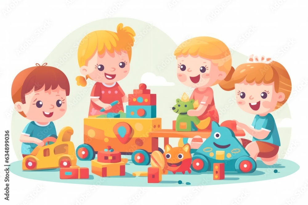 cartoon children playing with toys in the room. cartoon children playing with toys in the room.