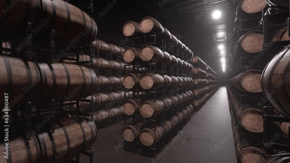 Close up on wooden barrels stored in warehouse. Lights turn on