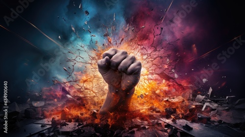 Image of a clenched fist breaking through a barrier, signifying the determination and resilience in the fight for equality.