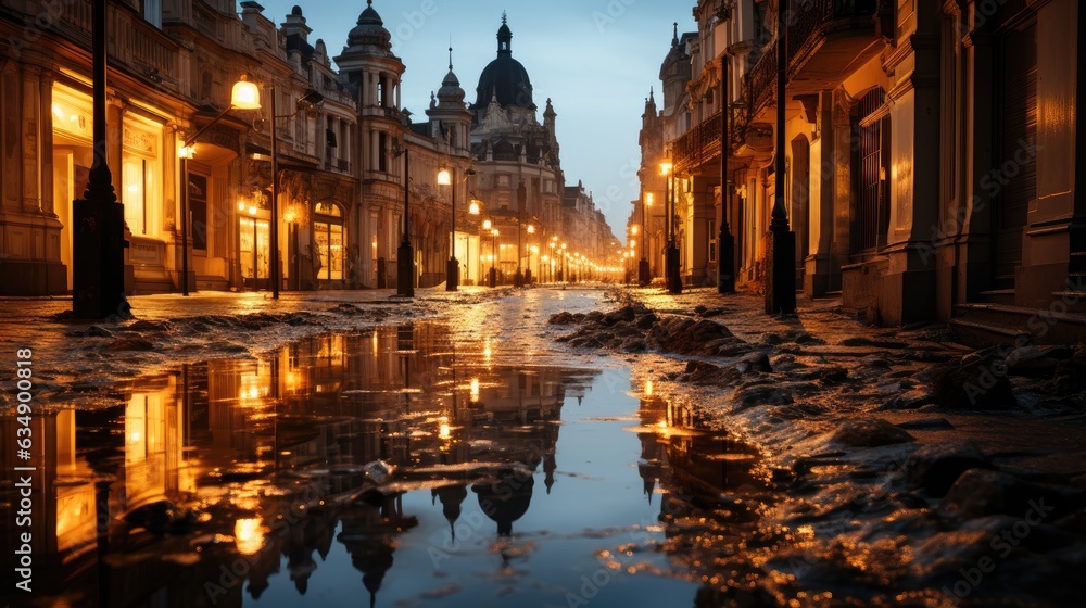 View of a flooded city street after a heavy rain.