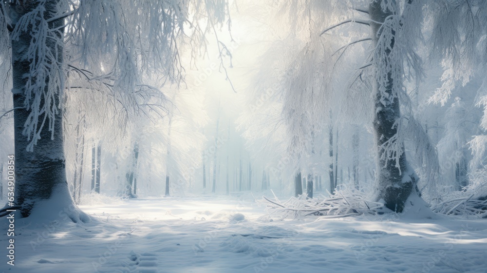 Naklejka premium Scene capturing the serenity of a snow-covered forest.