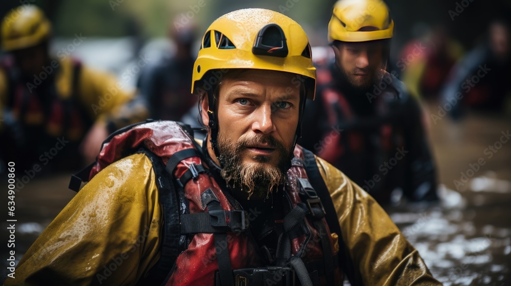 Portrayal of rescue efforts during a flood. Portrayal of rescue efforts during a flood.