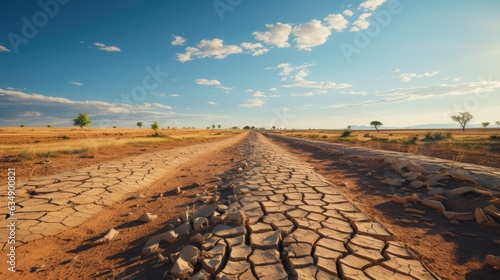 Image of a cracked and parched desert landscape, with dry earth and fissures extending into the distance