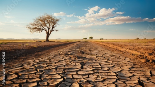 Image of a cracked and parched desert landscape, with dry earth and fissures extending into the distance