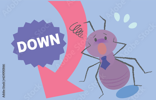 お給料、成績が下がって焦るサラリーマン風働きアリ