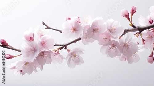 Image of a blossoming cherry blossom branch, delicate pink flowers contrasting against a white background.