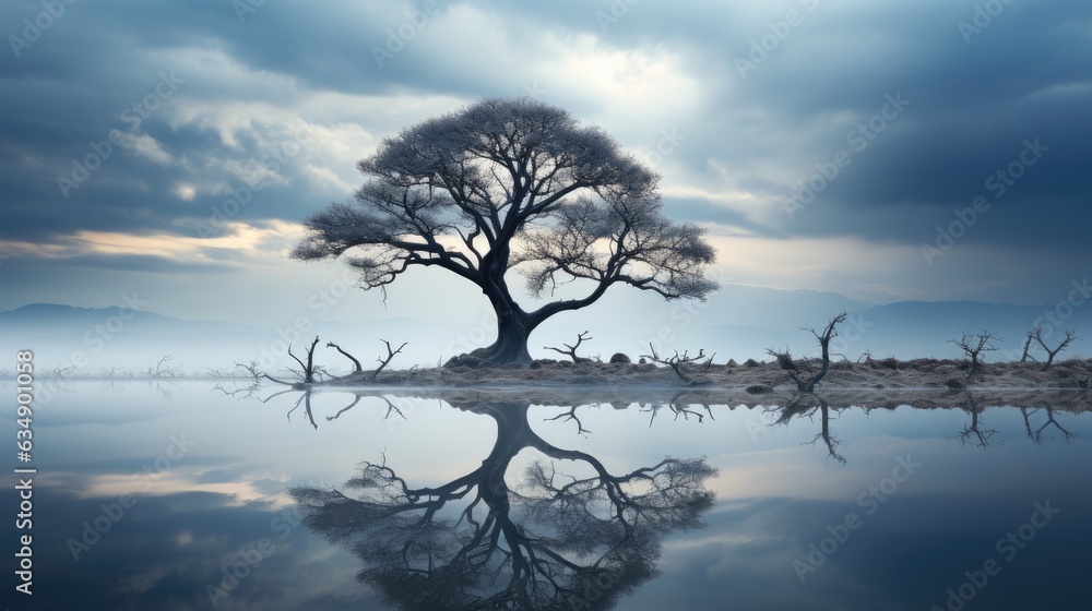 Image of a solitary tree standing resiliently in the midst of floodwaters. Image of a solitary tree standing resiliently in the midst of floodwaters.