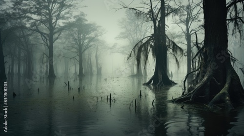 A hauntingly beautiful view of a flooded forest.