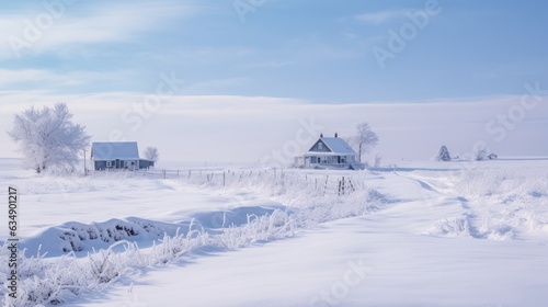 A serene view of a snow-covered countryside, where fields, fences, and farm buildings are draped in a white blanket.