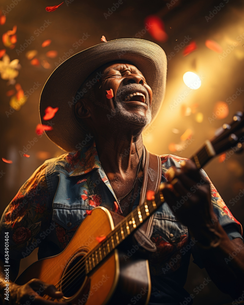 Obraz premium An African American man with a guitar on his chest and wearing a cowboy hat is belting out an upbeat and catchy melody. His corded