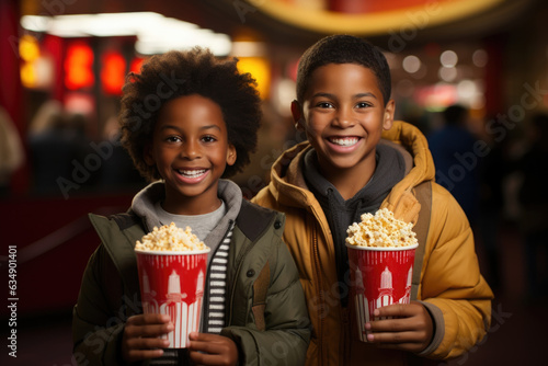 A pair of African American brothers pose with smiles in front of a large movie poster. One of them has a bucket full of popcorn in