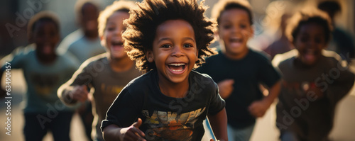 A group of Black children run around a track cheered on by excited parents and siblings standing around the edge of the track. Their