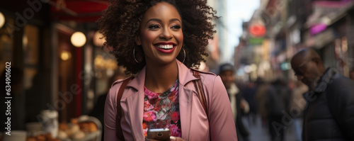 A welldressed African American woman strides down a busy city street her arm outstretched as she makes a phone call. © Justlight