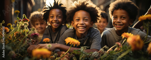 A group of Black children is featured in this photo standing ast a plentiful garden of plants. They look with joy and admiration at