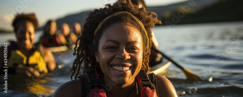 A mixedrace group of Black and lightskinned African women smiling and laughing as they cross a body of water in a canoe. Everything