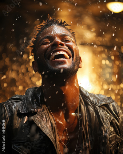 An African American man dancing joyfully in the rain bright raindrops glistening on his face as he twirls happily in a puddle.