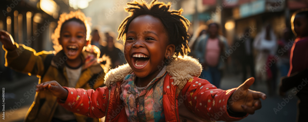 Two African children playfully dancing together their hands twirling in the air as their faces break into joyful smiles. The scene