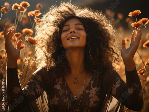 An Eritrean woman stretches her arms wide while standing in a sunlit meadow the bright sunlight bringing a healthy glow to her dark photo