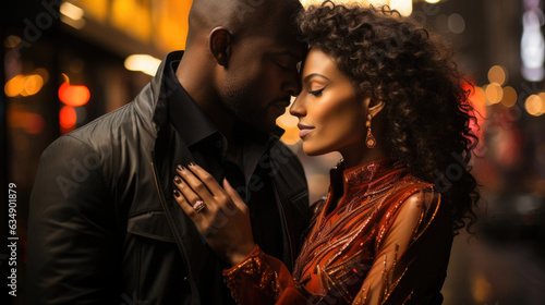 This photograph captures an African American couple frozen in intimate embrace their shared look of admiration illuminated by the city © Justlight