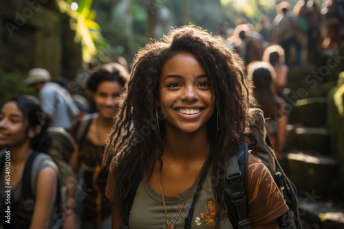 Two African American teens walking across a rocky bridge that sprawls across a spectacular jungle their steps strong and laserfocused