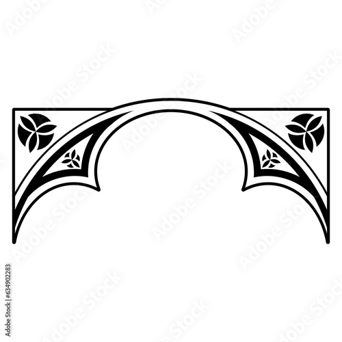 Medieval European arch frame in Gothic style. Geometrical architectural detail. Black and white silhouette.