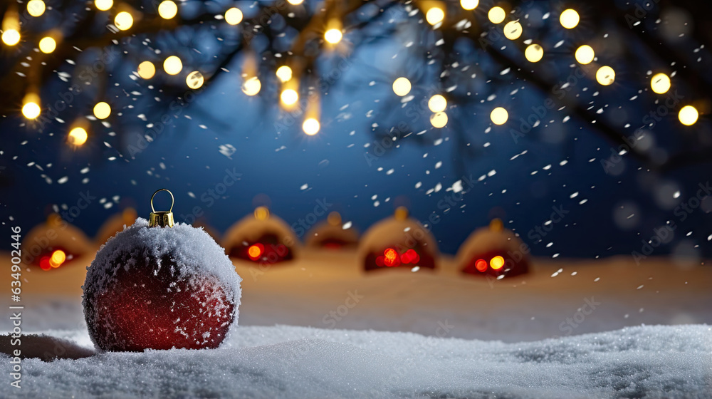 Christmas tree and Xmas balls in snow Christmas tree and Xmas balls in snow