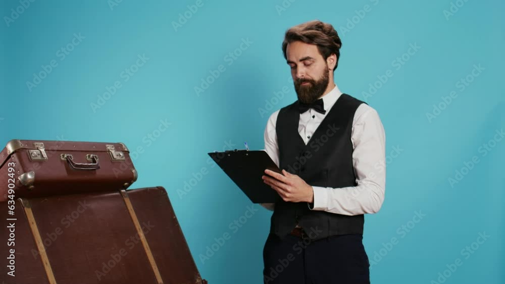 Doorman verifying checklist of guests, holding register log on clipboard to check hotel visitors in studio. Employee checking reservations on official ledger for archive, taking notes. Doorman verifying checklist of guests, holding register log on clipboard to check hotel visitors in studio. Employee checking reservations on official ledger for archive, taking notes.