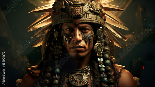 A depiction of an Aztec individual adorned with traditional accessories that define their culture and heritage.