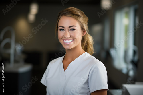 Captivating Dental Assistant  A Skilled and Confident Woman in a Dentist s Office  Wearing a White Lab Coat and Stethoscope  Expertly Caring for Patients  Teeth with Precision Tools