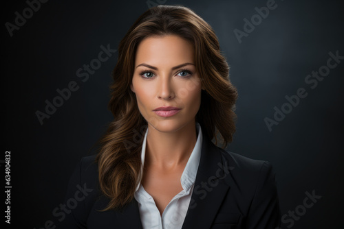 Empowered and Sophisticated: A Captivating Businesswoman in a Stylish Black Suit and White Shirt, Dedicated to Success in the Financial Institution Industry