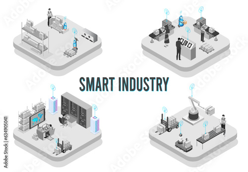 Smart Industry isometric design with development production packaging, global logistics partnership, delivery and automated production line. Vector illustration Eps10