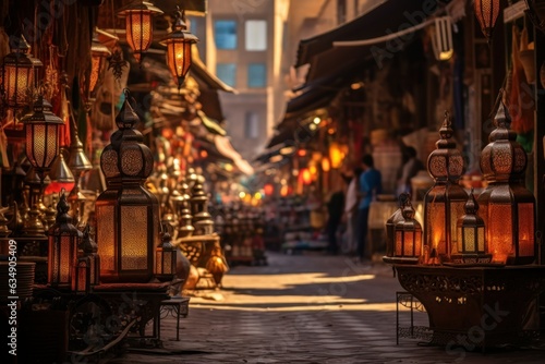 Illuminated Asian Bazaar: Hyper-Detailed Evening Market Street with Lanterns' Glow, Exotic Fruits, Handcrafted Goods, Street Food, and Twilight Temple © Lucija