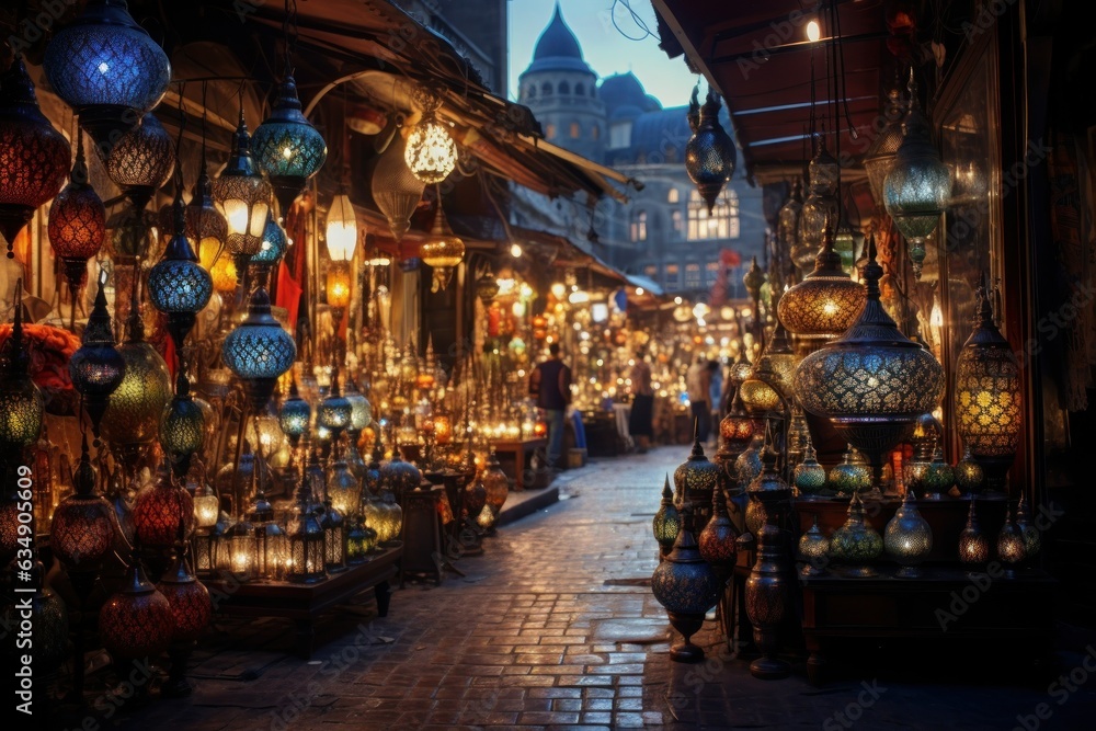 Bazaar's Nocturnal Palette: Ultra-Real Istanbul Marketplace with Spice Stalls, Merchants' Calls, Luminous Lanterns, and Silhouetted Mosque
