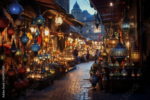 Bazaar's Nocturnal Palette: Ultra-Real Istanbul Marketplace with Spice Stalls, Merchants' Calls, Luminous Lanterns, and Silhouetted Mosque 