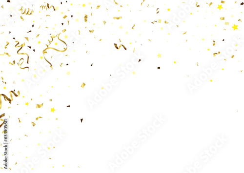 Gold confetti on a white background. Festive background with gold ribbons.