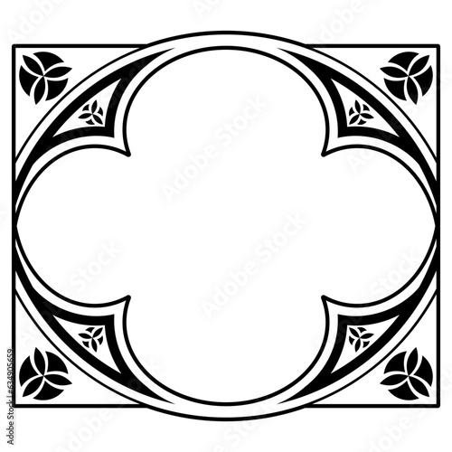 Geometrical ornament or frame with Gothic motifs. Black and white silhouette.